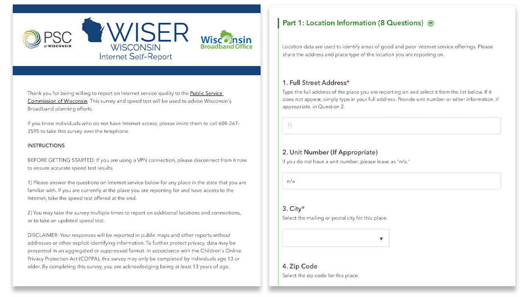 Instructions and questions included in the Wisconsin Internet Self-Report survey administered via ArcGIS Survey 123