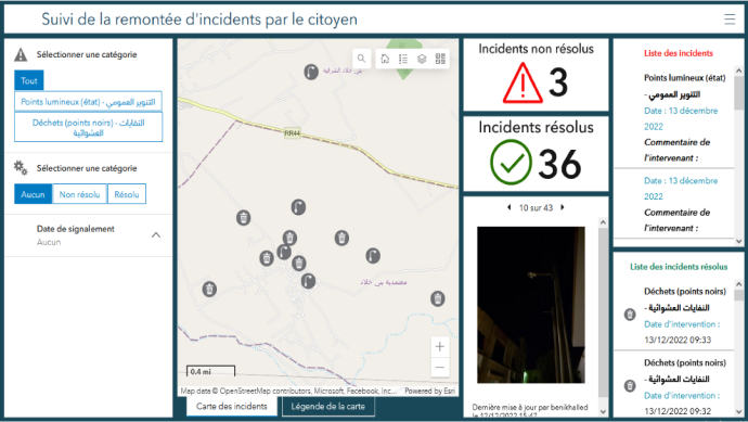 Dashboard with sub sections highlighting resolved incidents, new reported incidents, and a map of their locations