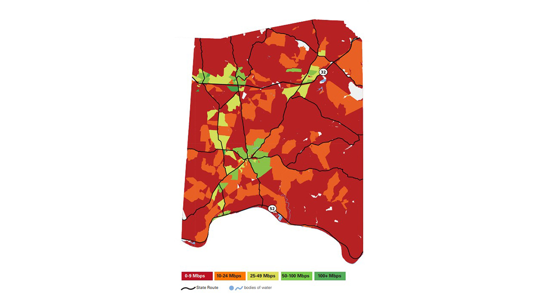 Map of Ohio showing Ookla internet speed test results in ArcGIS Pro. Majority of the state is 10 Mbps or less.