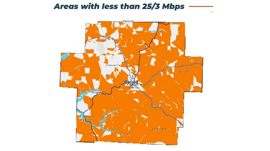 Map showing 800,000 households statewide with internet speeds below the FCC minimum of 25/3 Mbps