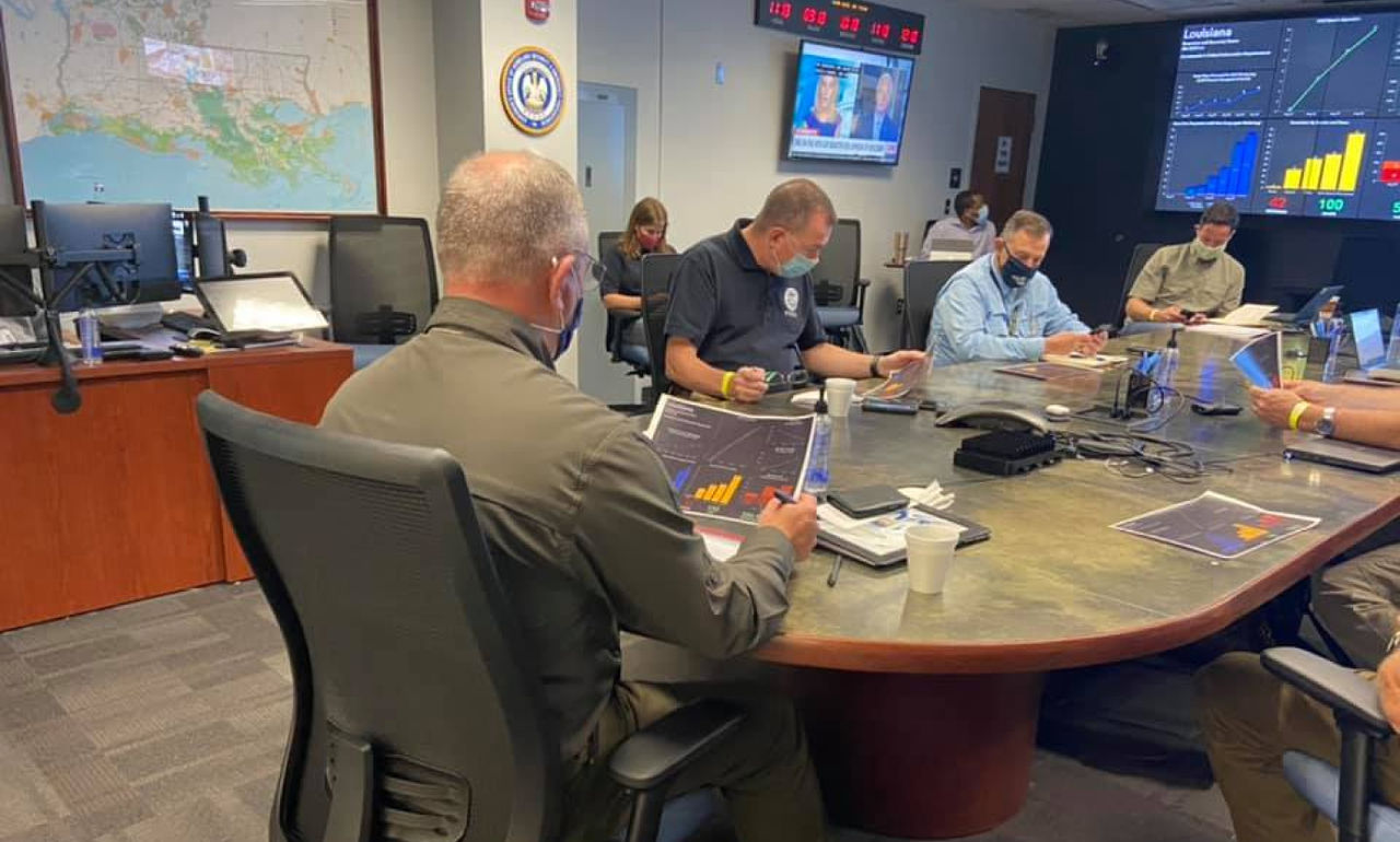 For a meeting with FEMA leaders at Louisiana’s Emergency Operations Center to discuss the state’s response to Hurricane Ida, officials are shown this dashboard, built by GOHSEP’s Austin Dixon, with critical information.