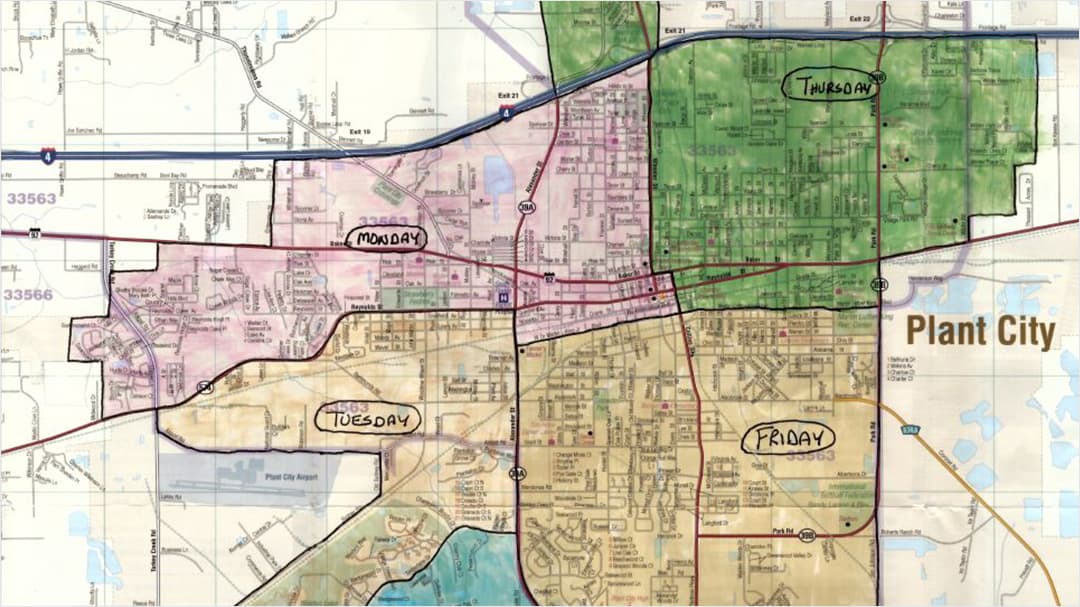 Staff used a legacy paper map to determine trash pickup days for each neighborhood.