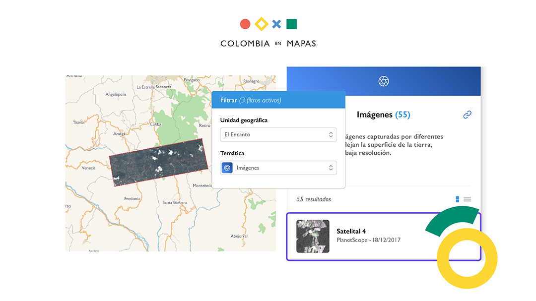Colombia en mapas atlas with two dialogue boxes to select geographic region and its images for download