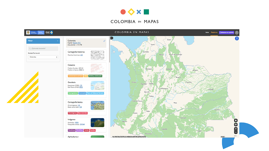 Colombia en mapas atlas with two dialogue boxes to select data type and enter coordinates