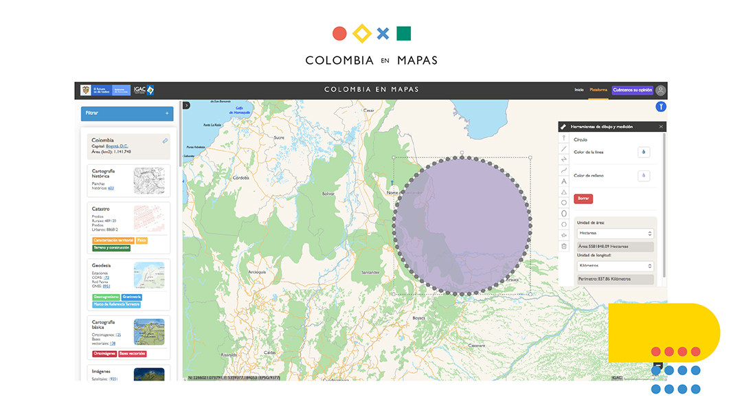 Columbia en mapas atlas with two dialogue boxes to select a region and a toolbox with draw and measure tools