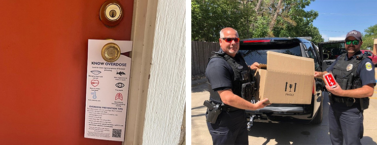 First image shows the informational door hangers. Second shows two police officers distributing naloxone. 