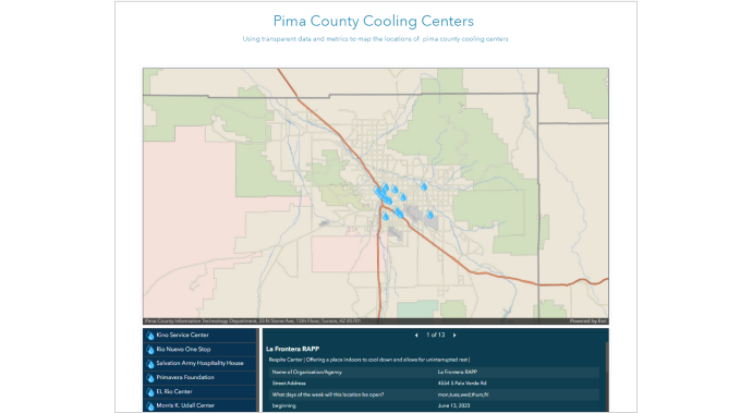 A topographic map of Pima County with blue water drops showing cooling centers and two information callout boxes
