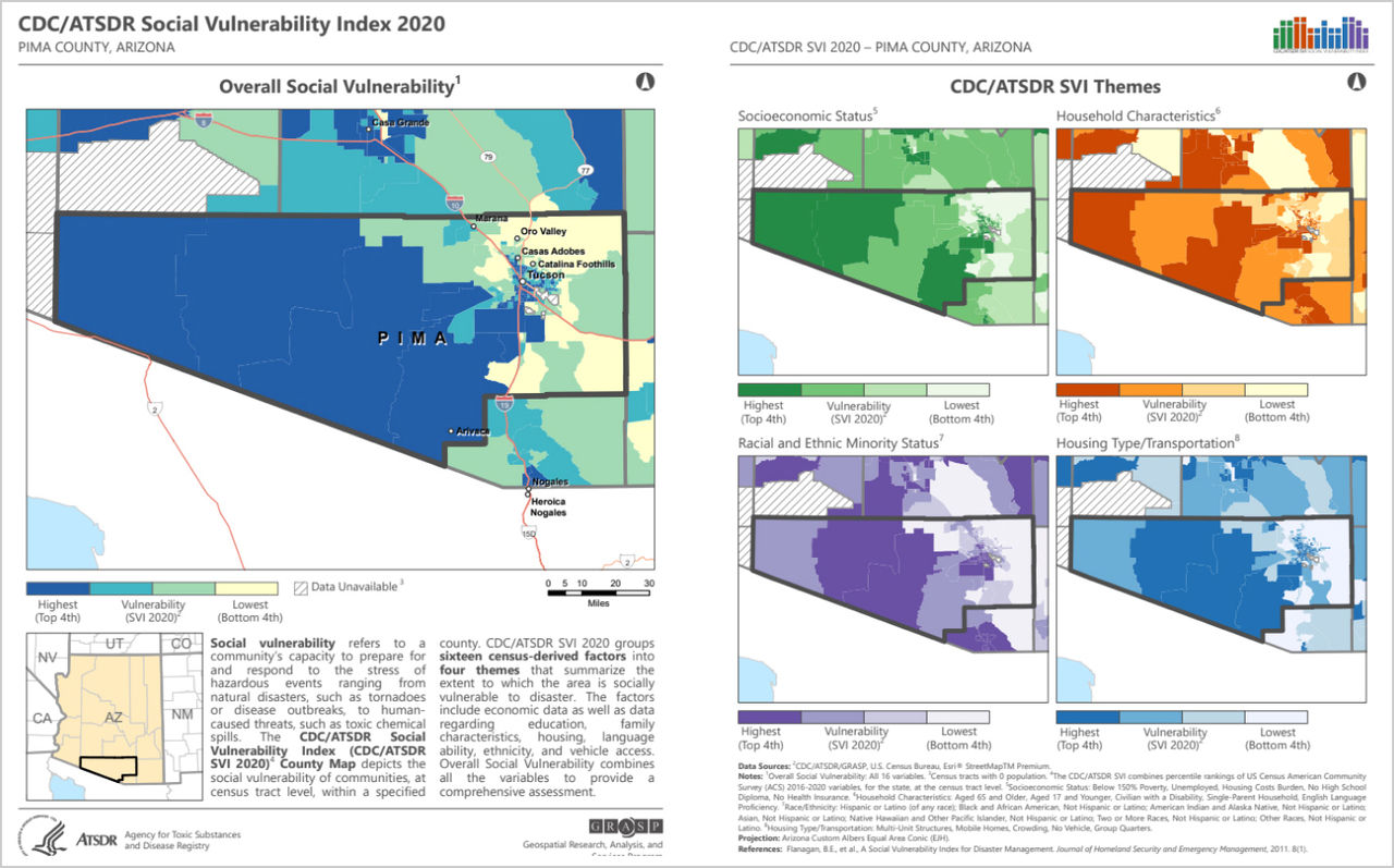 Four maps in blue, green, red, and purple display social vulnerability information 