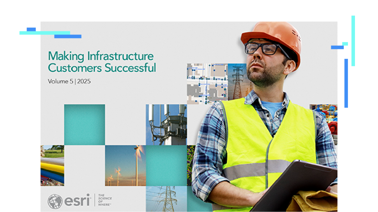 A person wearing a hard had and safety vest overlaid on a collage of photos of different kinds of infrastructure 