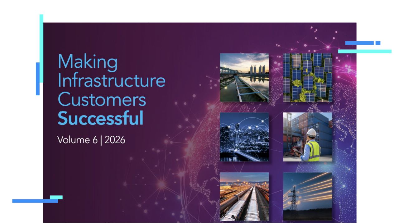 Cover of the featured ebook with a series of small images of railroads, power lines, and buildings on an abstract purple background