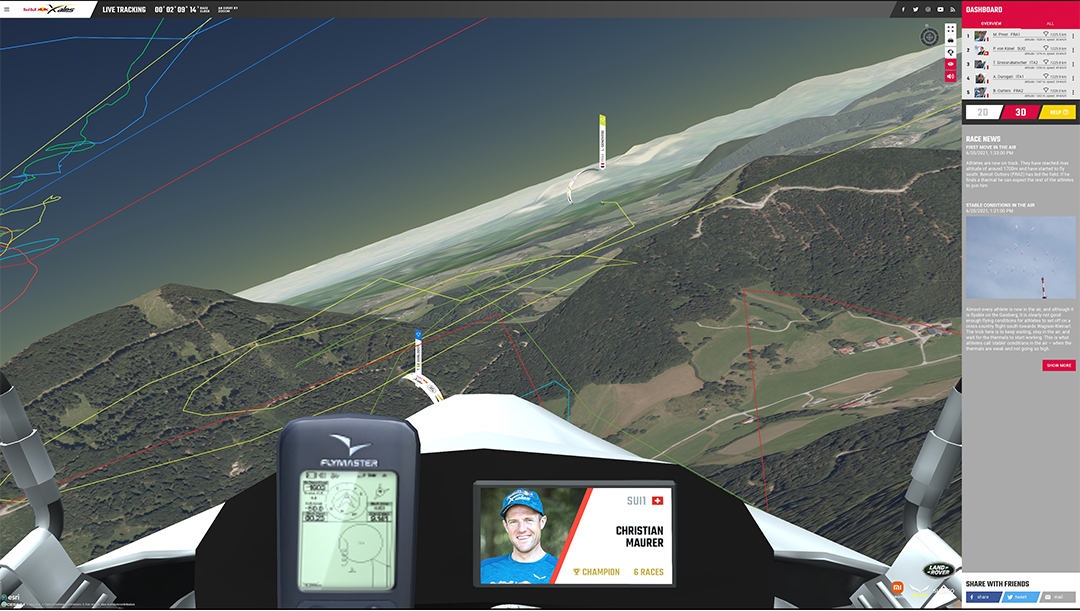 A virtual, 3D view of the Red Bull X-Alps race course from the pilot's seat of race winner Chrigel Maurer's paraglider