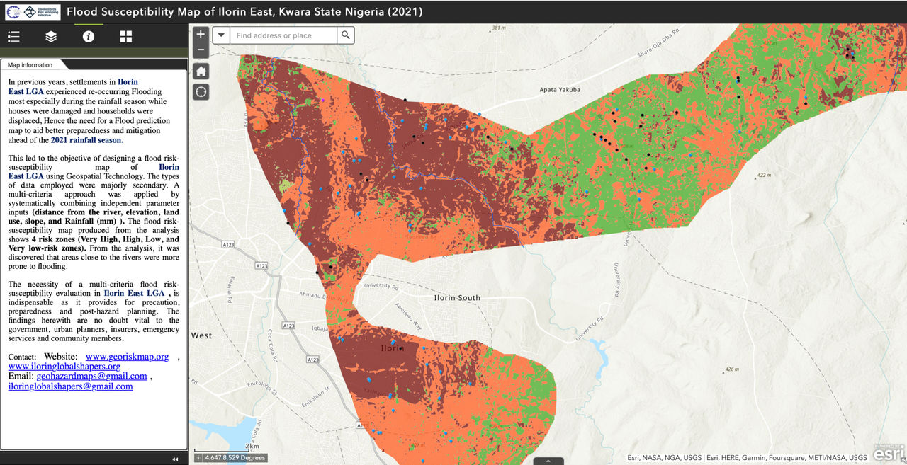 flood risk-susceptibility map of Ilorin East, Kware State Nigeria built using Africa Geoportal webapp builder