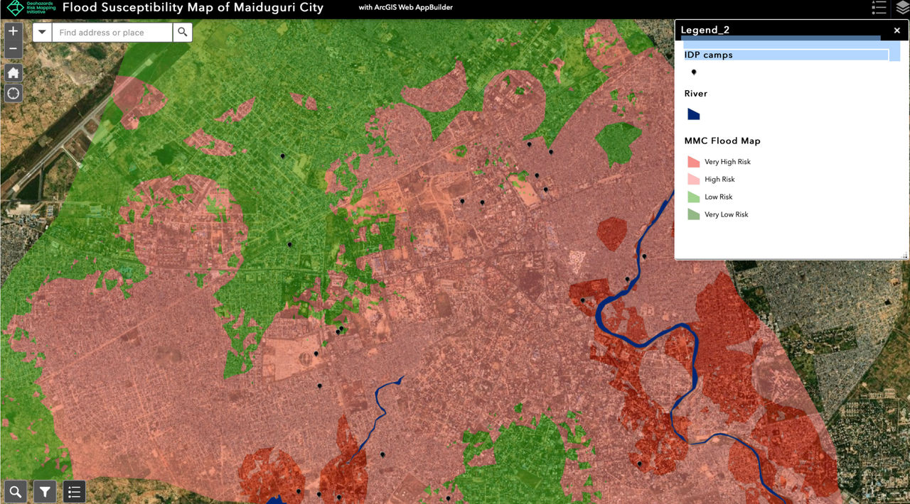 interactive web application showing flood susceptibility of Maiduguri City, Borno State in north-eastern Nigeria and the location of camps for internally displaced people. This map reveals that various Camps are at high risk of future flooding