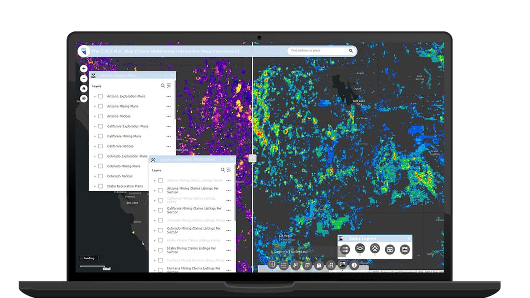 The Claims Habitation Interactive Map Experience (C.H.I.M.E.) tool provides claims density and annual maintenance or assessment fees paid through time, per section. Users can enter their claim location year and claim year closed to narrow down results or search by an address. 