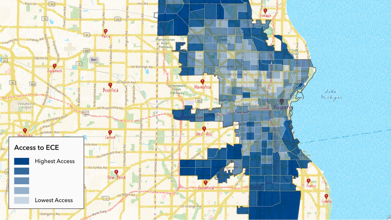 This ArcGIS Online map displays the locations in Milwaukee where families have the least and most access to ECE services.
