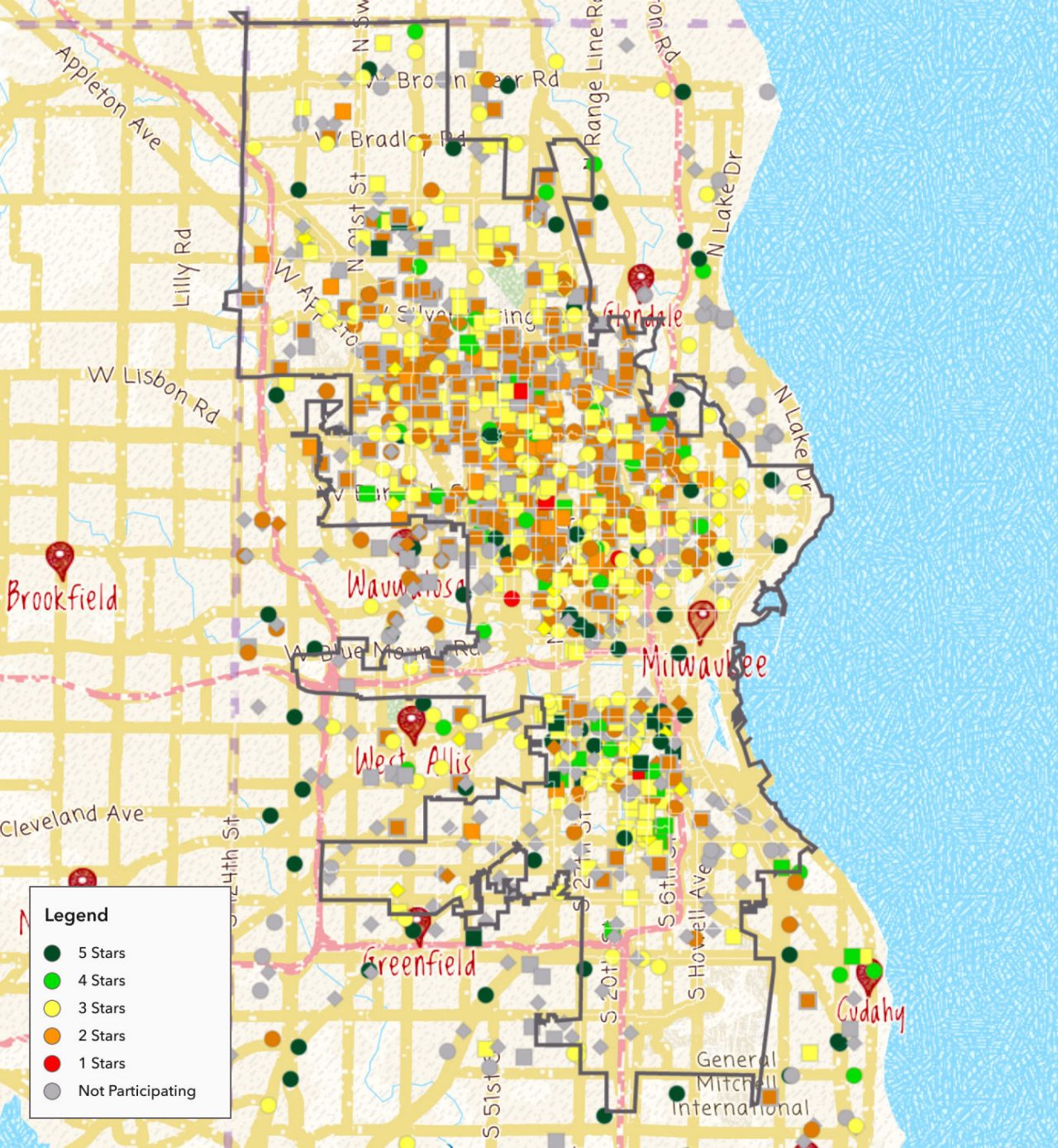This ArcGIS Online map displays Wisconsin's rating and improvement system scores for ECE programs. This map provides families with a snapshot of program ratings in their neighborhood.