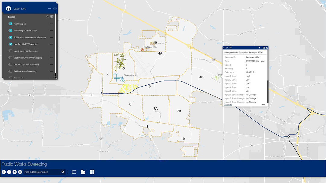 screenshot of web app with street sweeping vehicle route.