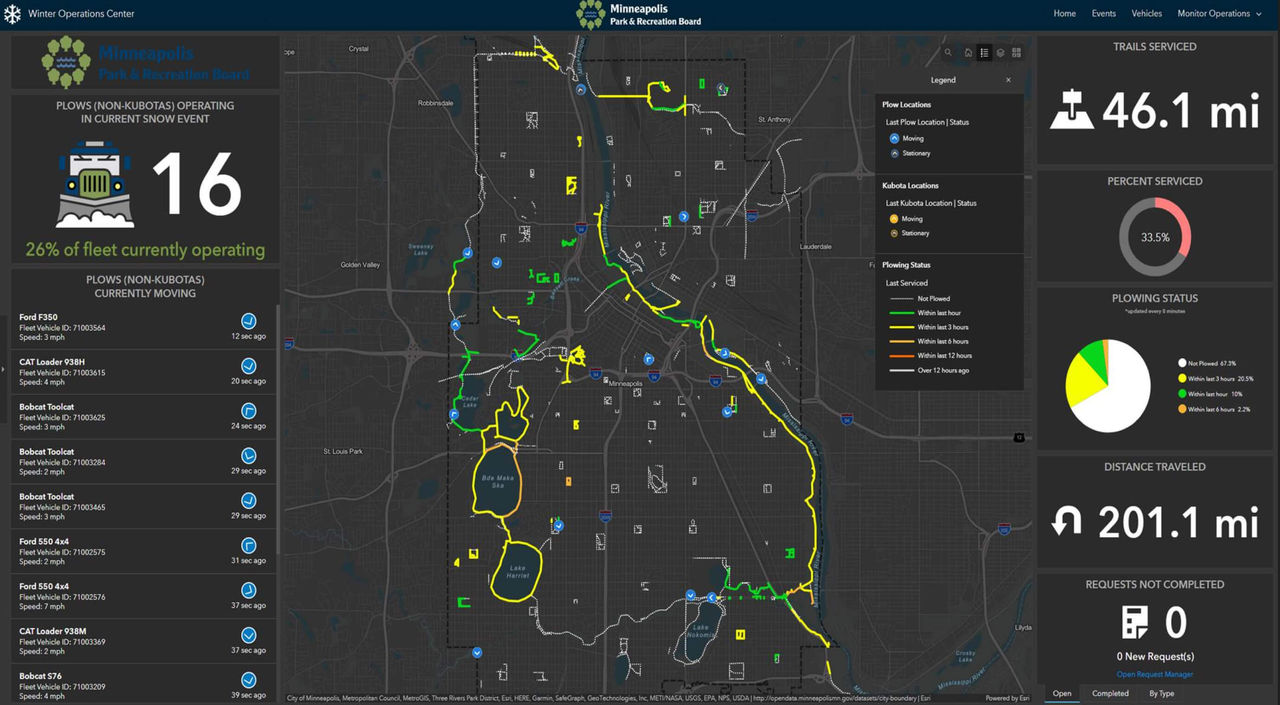 Screenshot of live trail plow status map in MPRB's internal operations center