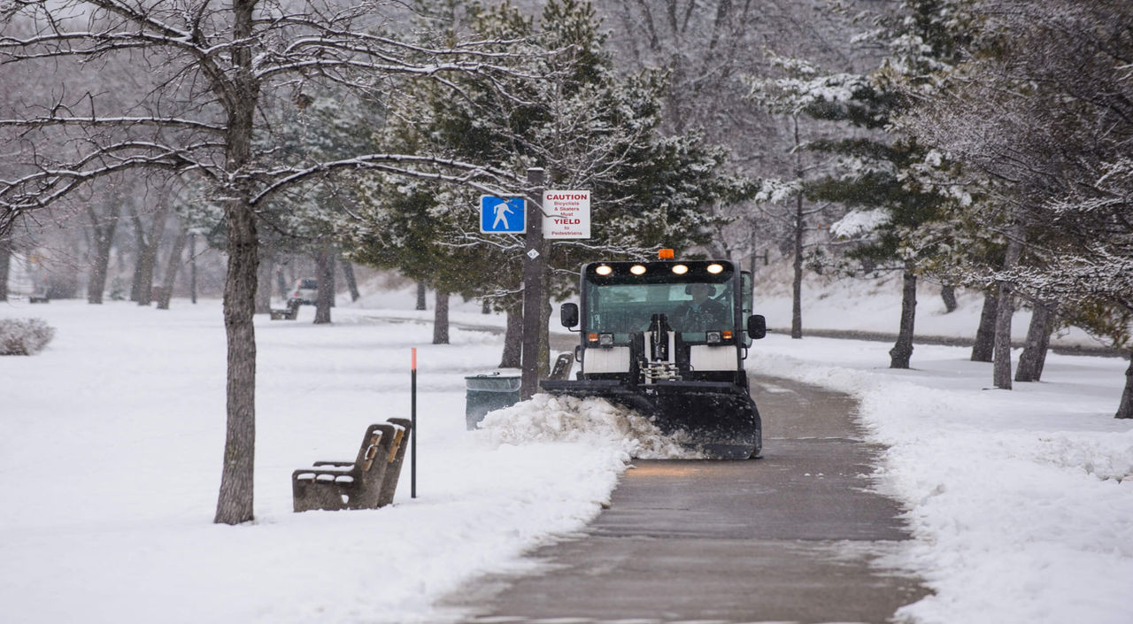 Snowplow plowing a tree lined, snow covered park path.