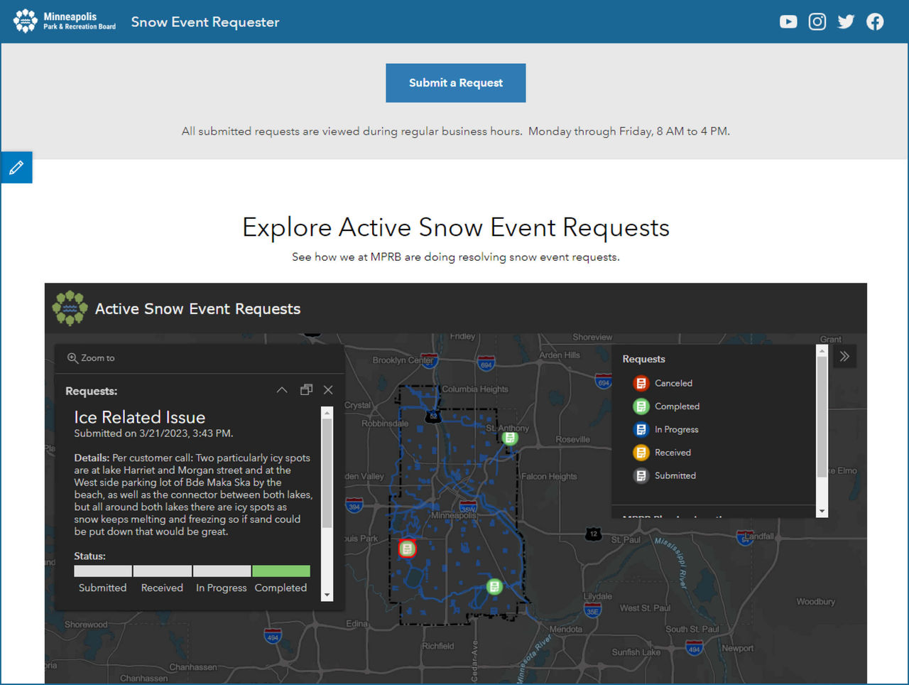 Screenshot of Snow Event Requester system.