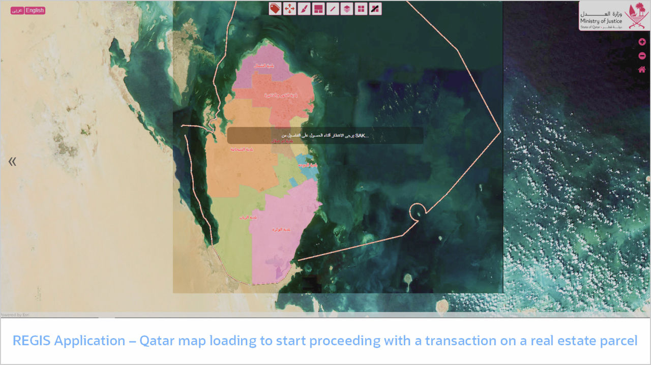 A multicolored map of Qatar is shown underneath a translucent loading gray box
