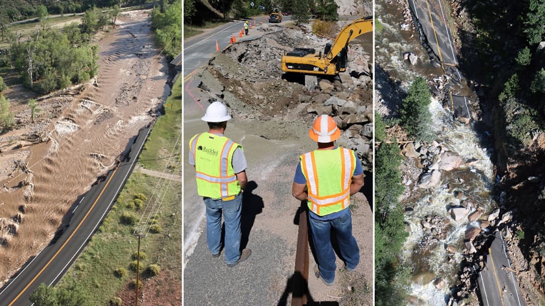 Image grid showing two flooded roadways and construction workers overseeing roadway repair