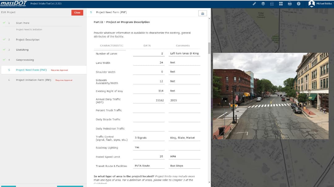 MassDOT MaPIT dashboard showing an image plus details of a project such as number of lanes, speed limit, and truck traffic