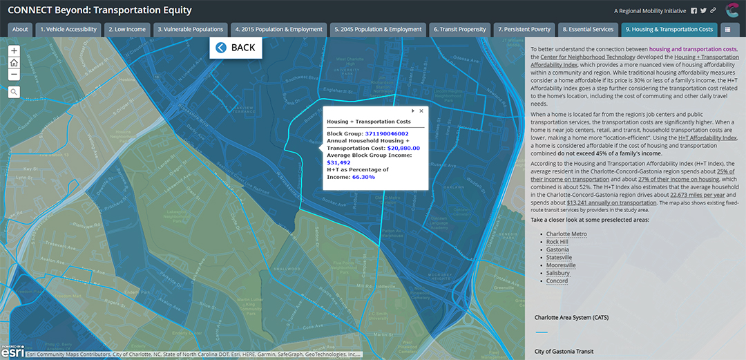 Housing and Transportation Costs map from the CONNECT Beyond Transportation Equity Hub site