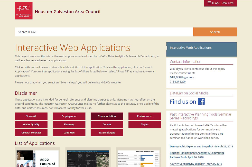 Houston-Galveston Area Council's interactive maps webpage