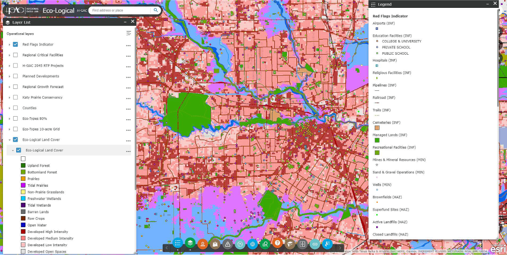 map showing eco-logical red flag indicators in the Houston-Galveston area