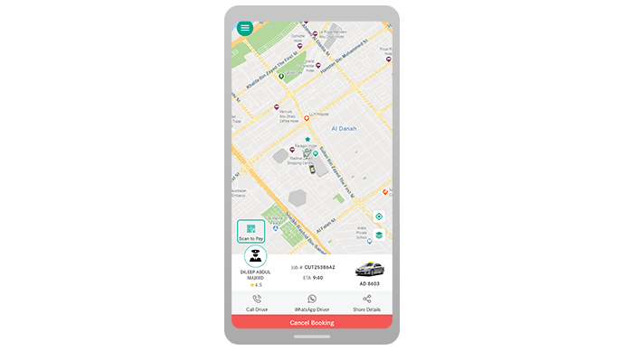 mobile device shows details after a ride is booked, rider views driver name, rating, vehicle type, and estimated arrival time