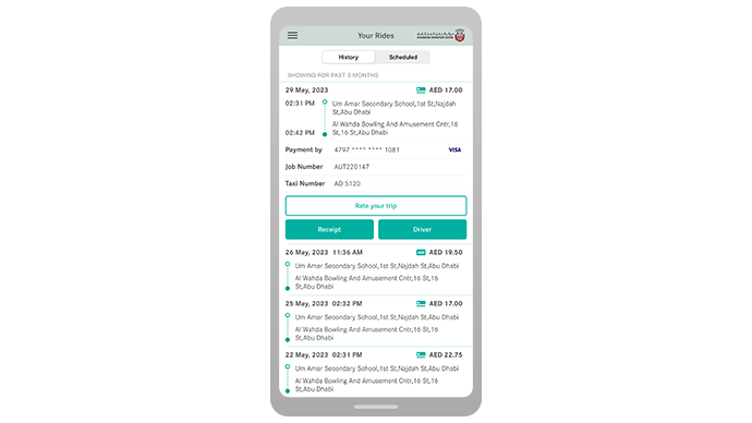 mobile device displays passenger history with details of booking date, time, payment source and destination