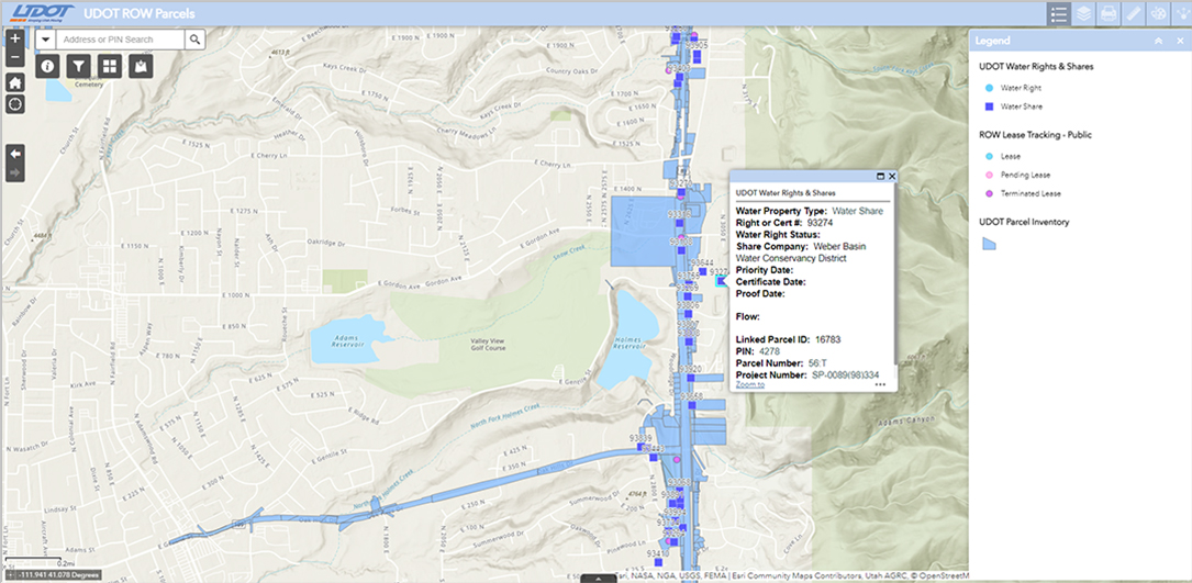 Alongside US Route 89 near Layton, Utah, several water rights are documented. The ROW GIS makes it easy to see where all water rights are.