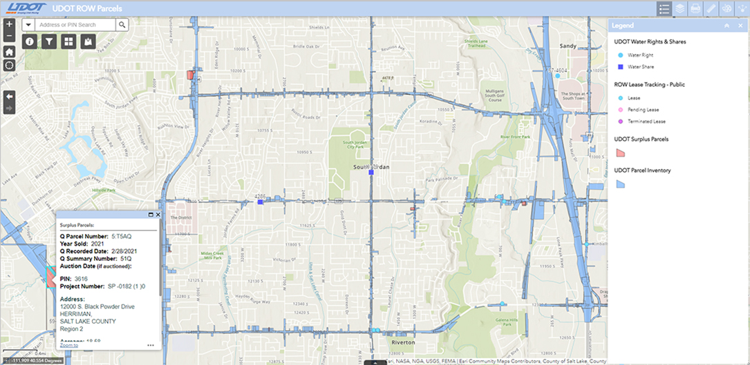 This map shows UDOT-owned parcels throughout the state of Utah.