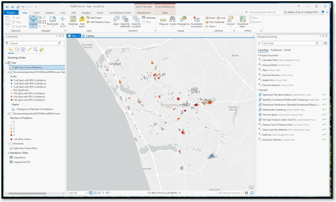 GeoAI Hot Spot Analysis Performed within ArcGIS Pro—Hot spot analysis helps the city focus outreach to and engagement with TCBMP owners/operators who may need additional inspections, information, or escalated enforcement.