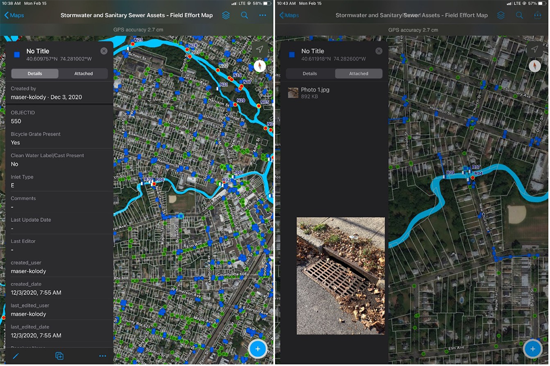 Mobile workers captured storm and sewer assets in ArcGIS Field Maps (shown here) with centimeter-level accuracy from an Eos Arrow Gold GNSS receiver. Supporting media such as photos helped create a complete digital twin of the city's storm and sewer systems.