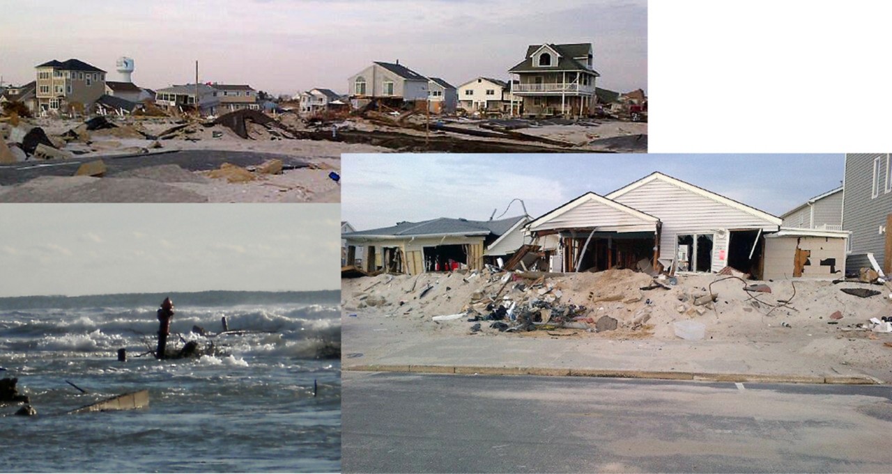 Three images showing meter pits buried under sand and a fire hydrant floating in the ocean