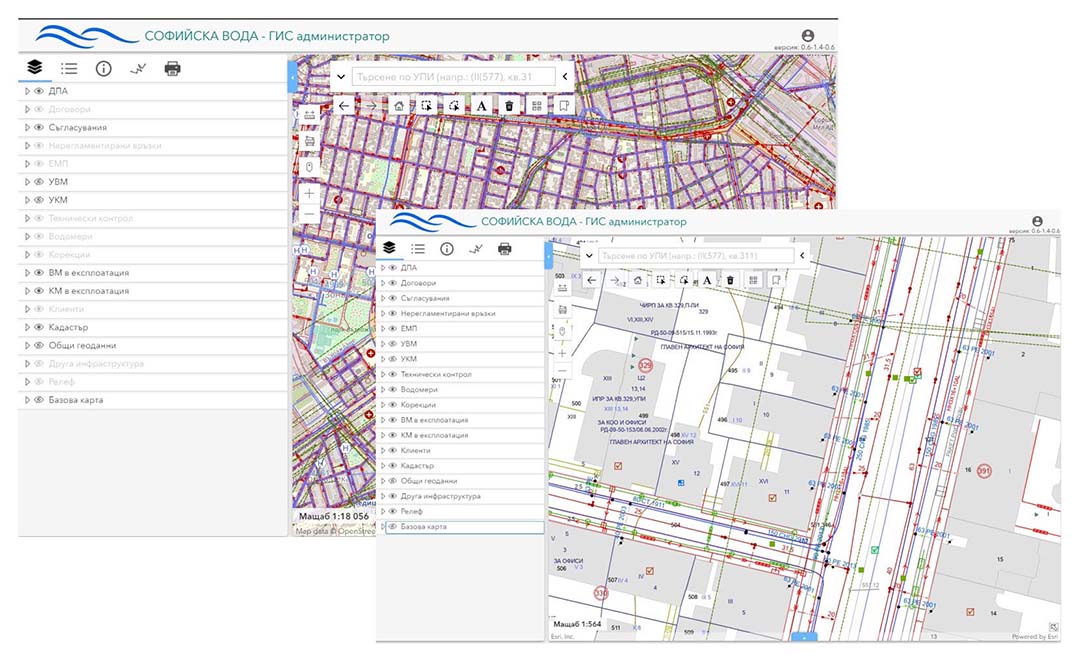 Left: Map overview within the new web GIS. Right: Additional detail becomes visible depending on the map scale.
