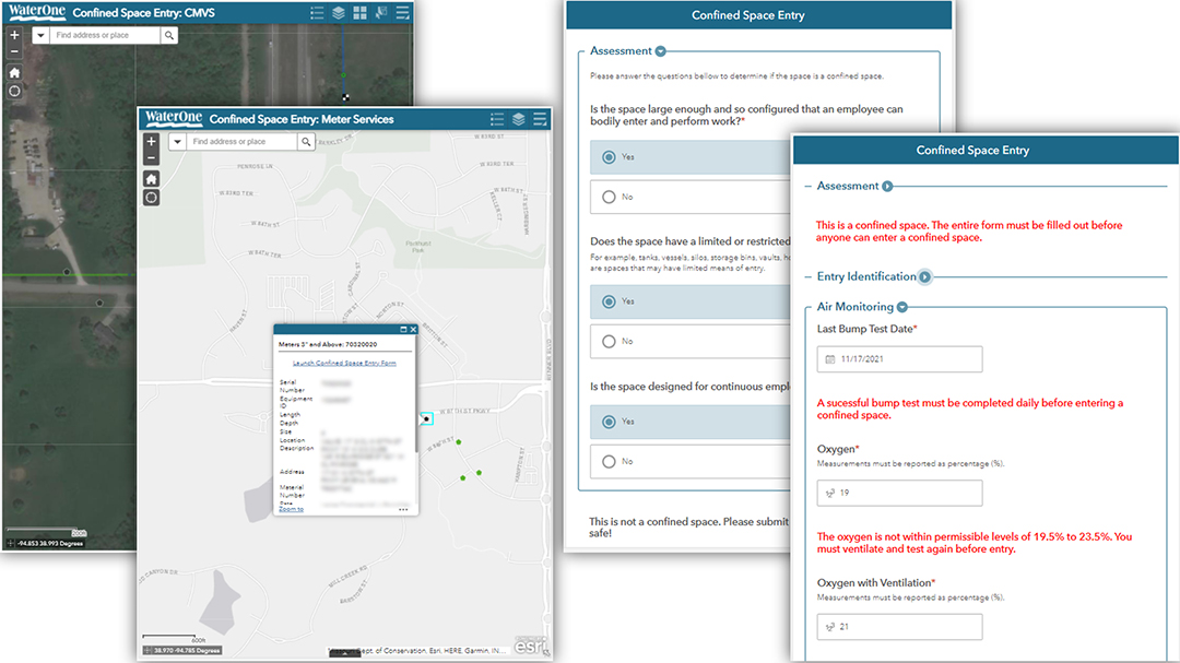 Confined Space Entry Application (pictured from left to right: customized maps created for CMVS and Meter Services departments using ArcGIS Web AppBuilder and a digital permit created using ArcGIS Survey123.)