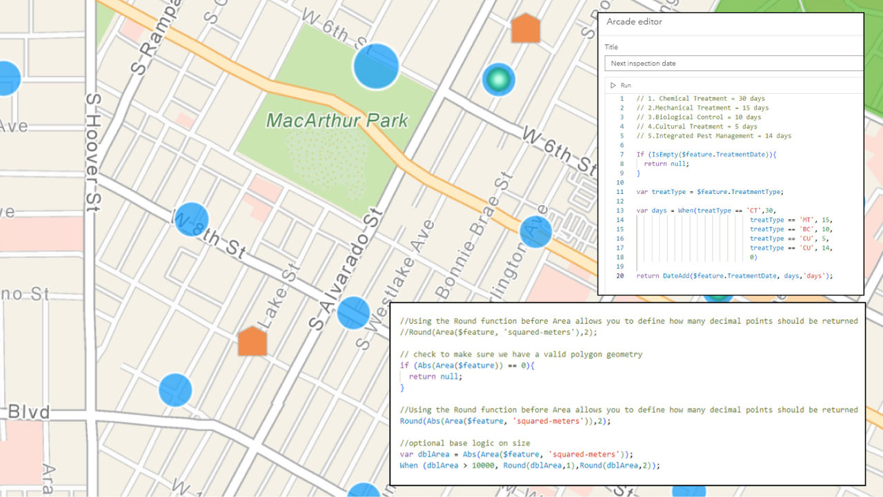 Two call out boxes with Arcade expression code are overlaid on a streetmap.