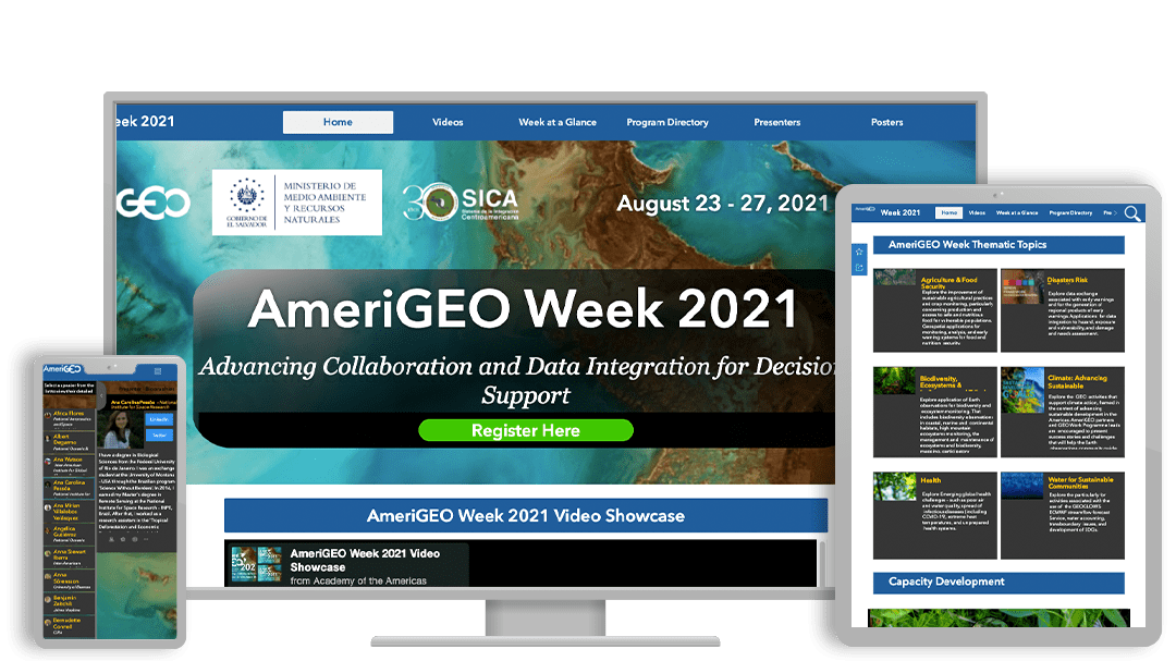 Screenshot of the AmeriGEO Week virtual event on desktop, mobile, and tablet.