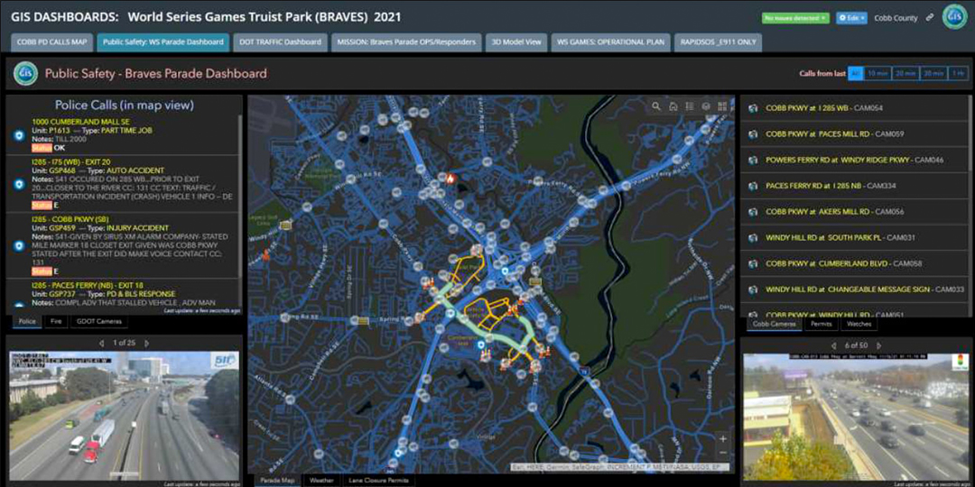 ArcGIS Dashboard displays traffic, crowd and active police calls surrounding Truist Park via a map and camera feeds.