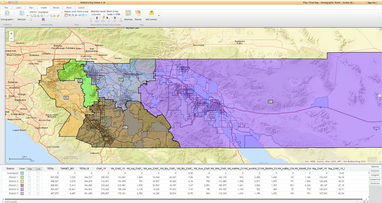 Riverside County Supervisorial District Boundary map was developed using the Esri Redistricting solution.