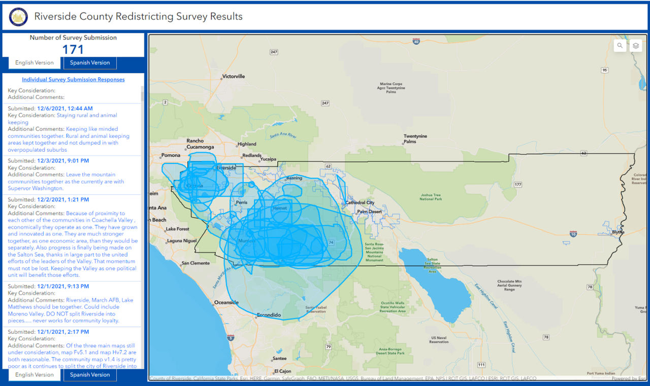 Riverside County Redistricting Survey Results from the Riverside Community using ArcGIS Dashboards.