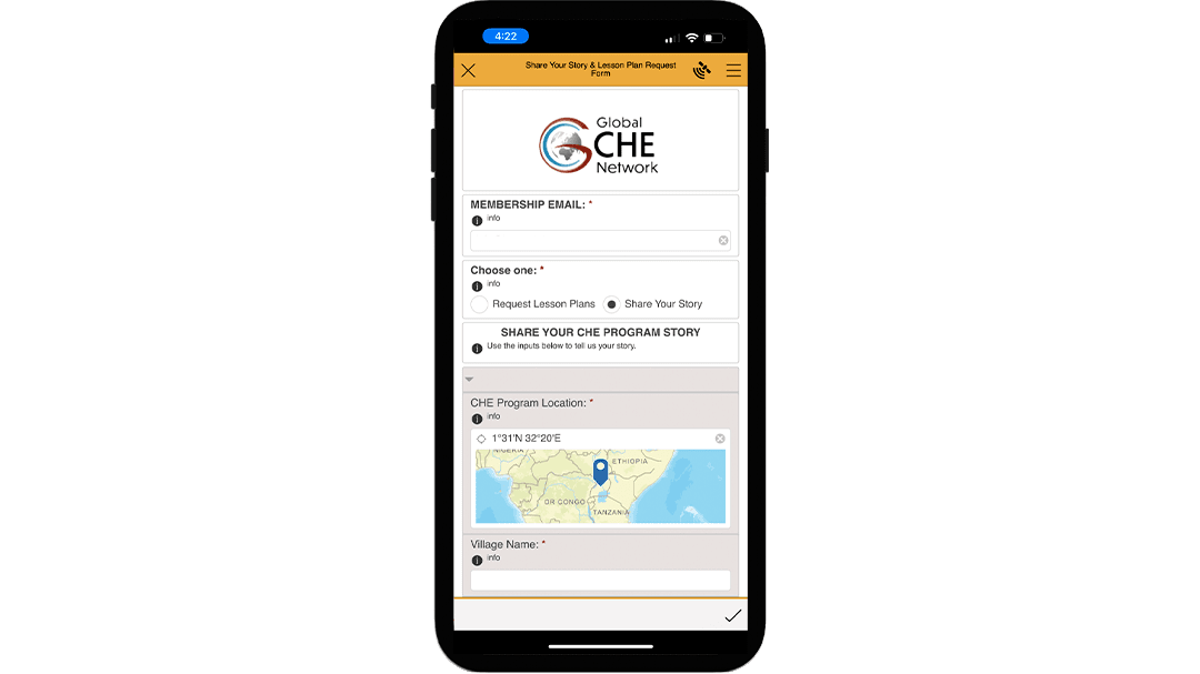 A screenshot of the Global CHE network app, made using no-code mobile app builder ArcGIS AppStudio, showing how users are able to share their stories with other volunteers.