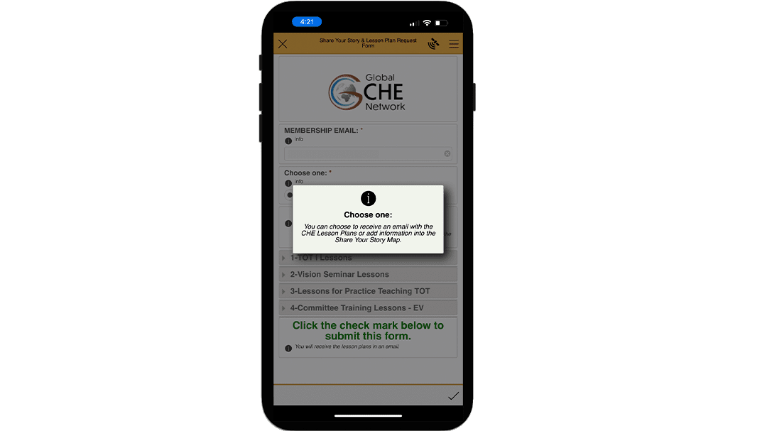 A screenshot of the Global CHE network app, made using no-code mobile app builder ArcGIS AppStudio, showing low-code custom elements and icons.