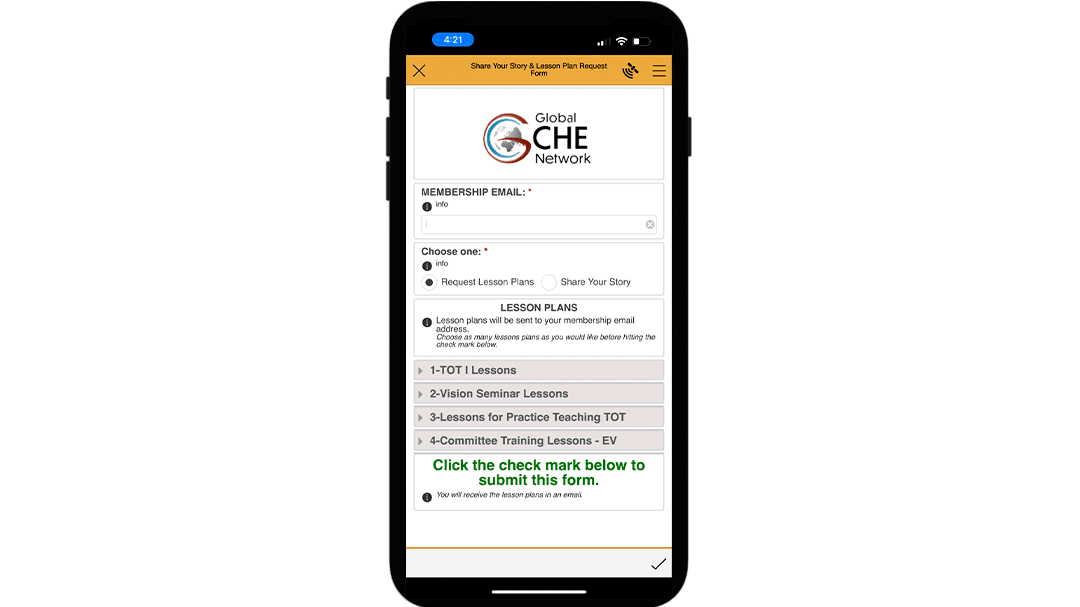 A screenshot of the Global CHE network app, made using no-code mobile app builder ArcGIS AppStudio, showing how users are able to request and download lesson plans/