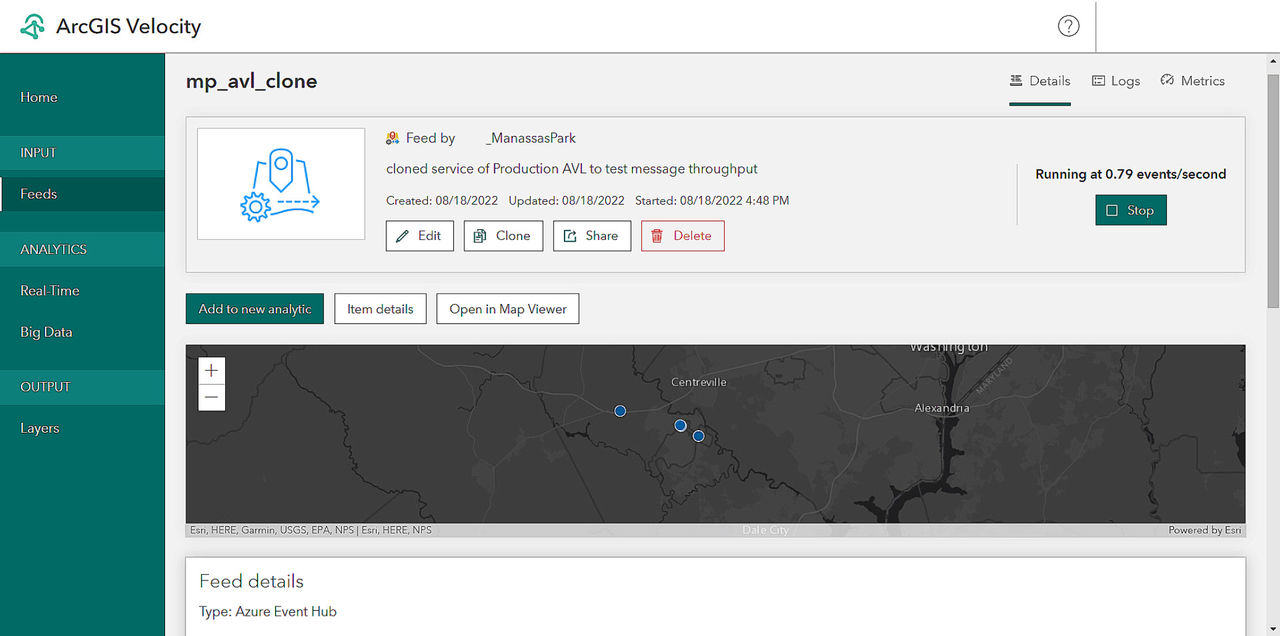 The Velocity feed interface allows a services throughput to be tested without having to toggle between Velocity and a web map in ArcGIS Online. The service can be controlled and checked from the item details page on Velocity.