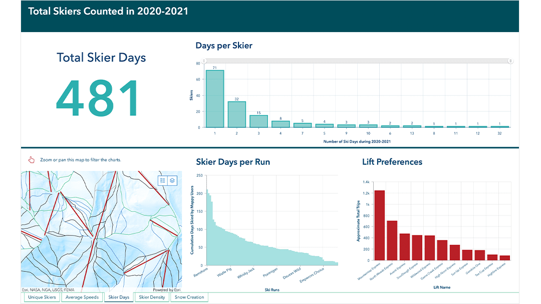 Dashboard displaying statistics for all skiers in the 2020-2021 winter season