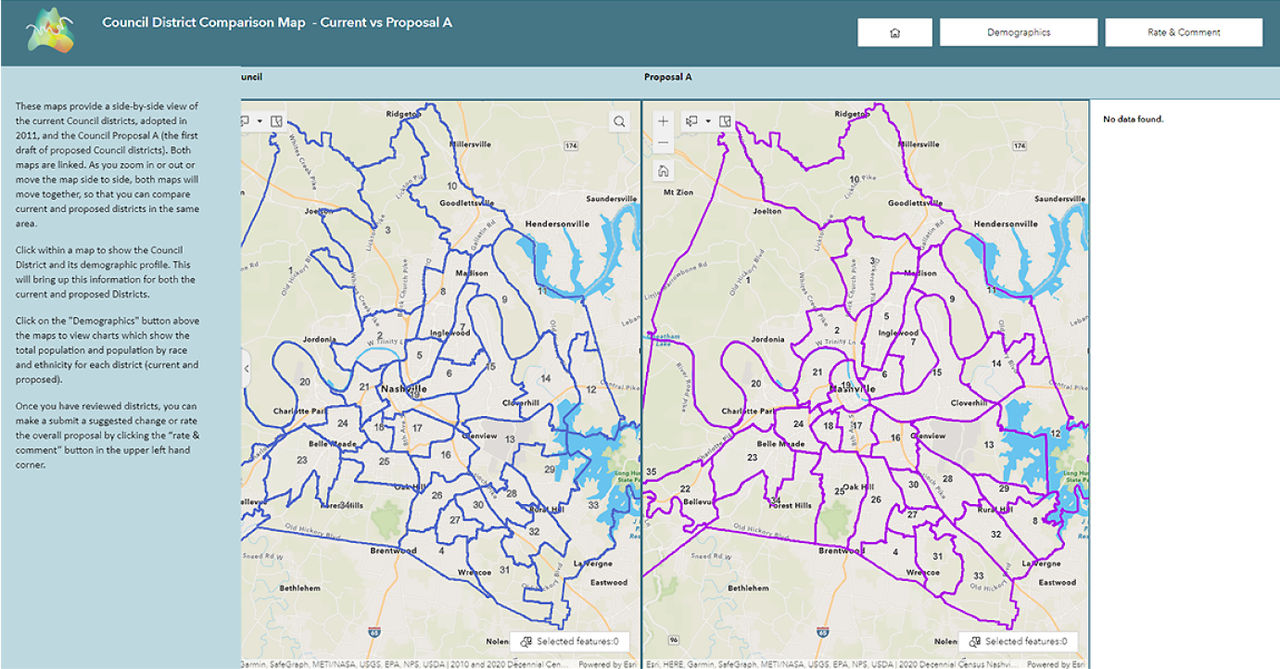 Two side-by-side maps, one map shows old council districts, the other, the proposed boundaries by population size 